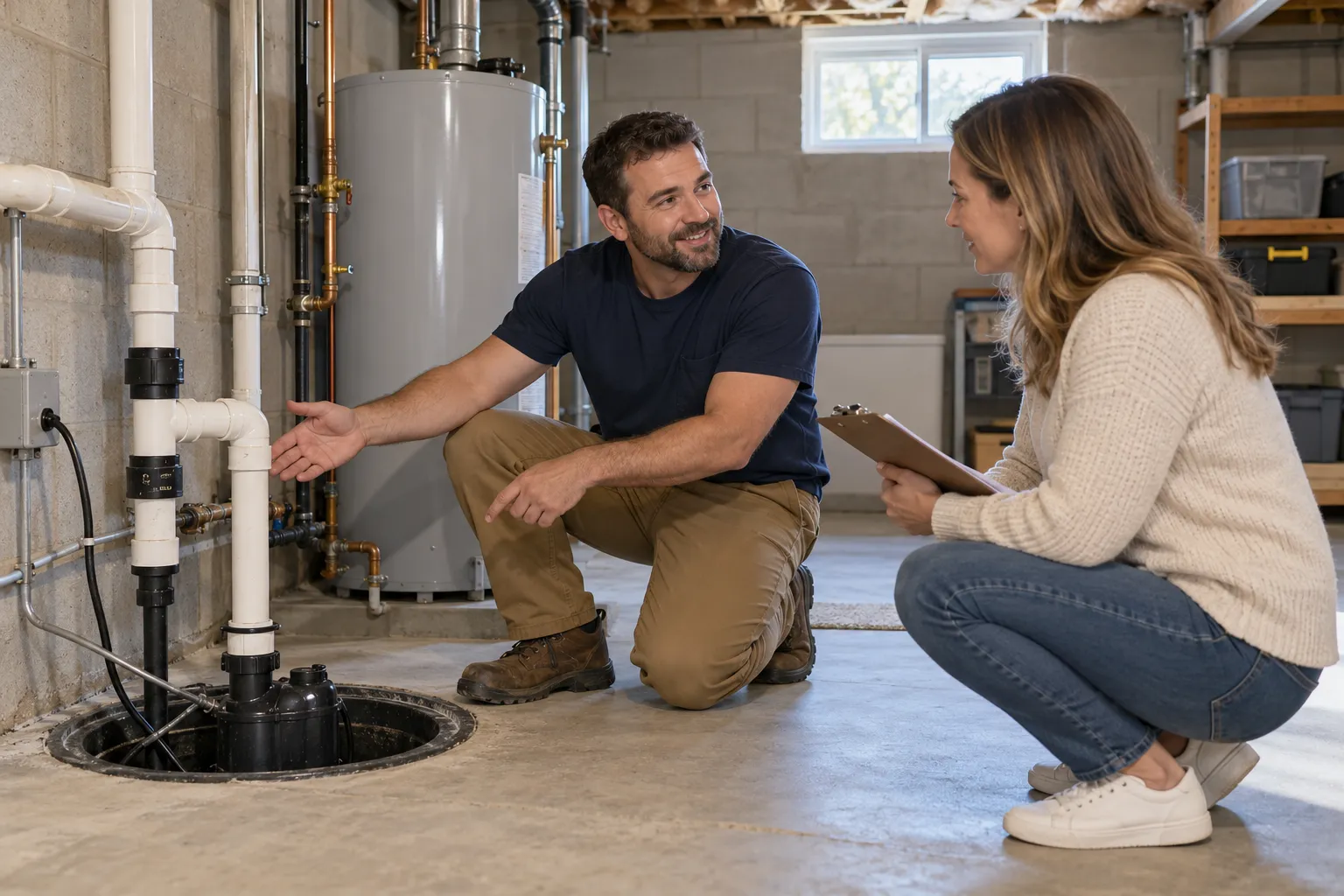 A homeowner in Columbus talking with a friendly plumber in a basement beside a water heater