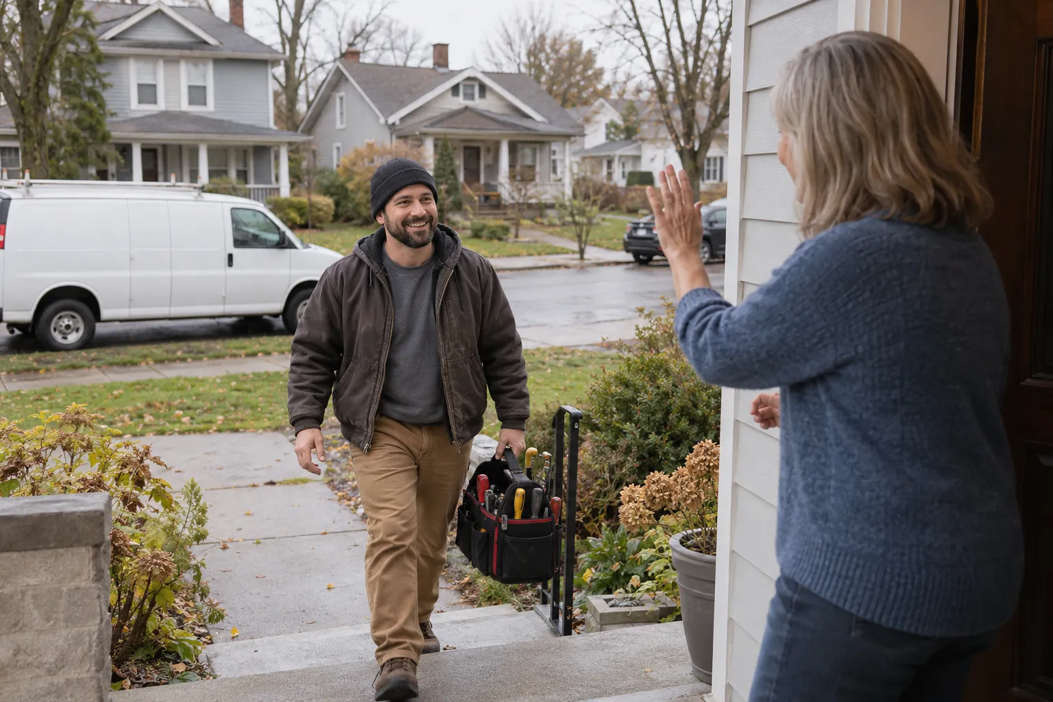 A residential street in Columbus with a plumber's van parked outside a frame house
