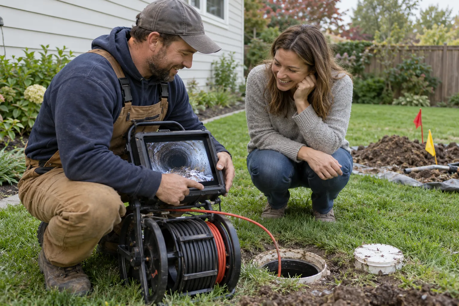 Friendly plumbing provider showing a homeowner a sewer camera inspection screen in a Columbus backyard